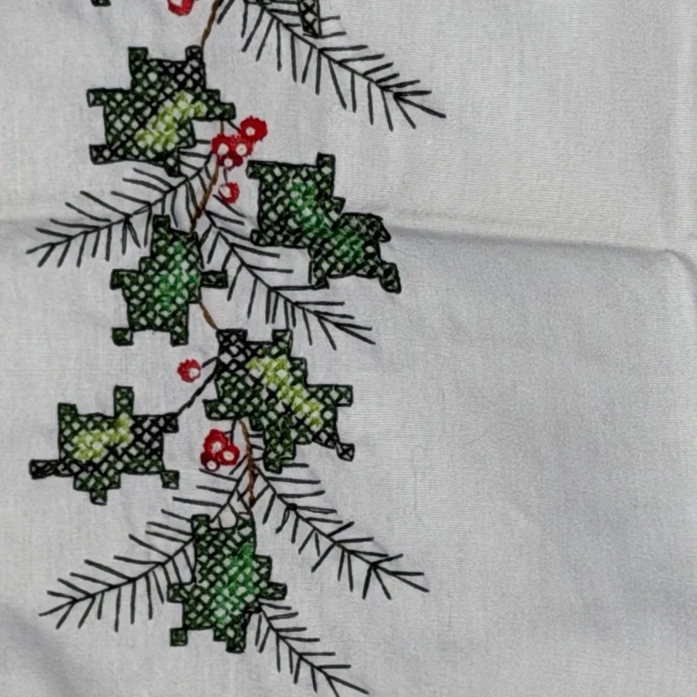 VTG Hand Cross Stitch Christmas‎ Table Runner Holly Berries Ribbon Holiday 14x43